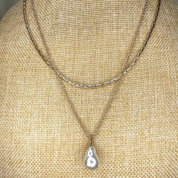 J Crew Gold Tone Double Layer Necklace With Faux Pearl Pendant - Picture 1 of 8